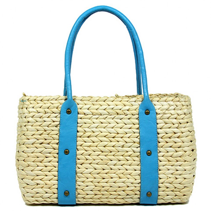 Straw Satchel: Corn Husk Straw w/ PU Leather Handles - Turquoise - BG-R11054TQ